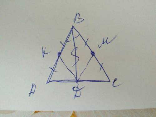 Вравнобедренном треугольнике abc точка k и m являются серединой боковых сторон ab и bc соотведственн