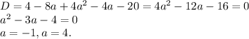 D=4-8a+4a^2-4a-20=4a^2-12a-16=0\\a^2-3a-4=0\\a=-1, a=4.