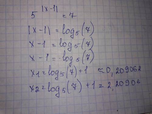 5^ |x-1|=7 решить показательное уравнение