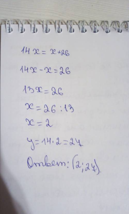 Y=14x и y=x+26 найдите координаты точки пересечение графиков функции плз