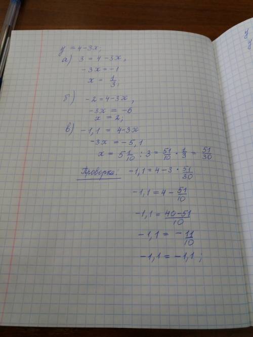 Задано линейное уравнение: y=4-3x. вычислите значение аргумента при, при котором оно принимает значе