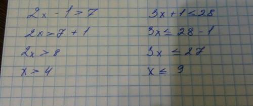 Какое из чисел общее решение неравенств 2х-1 > 7 и 3х+1меньше равно 28