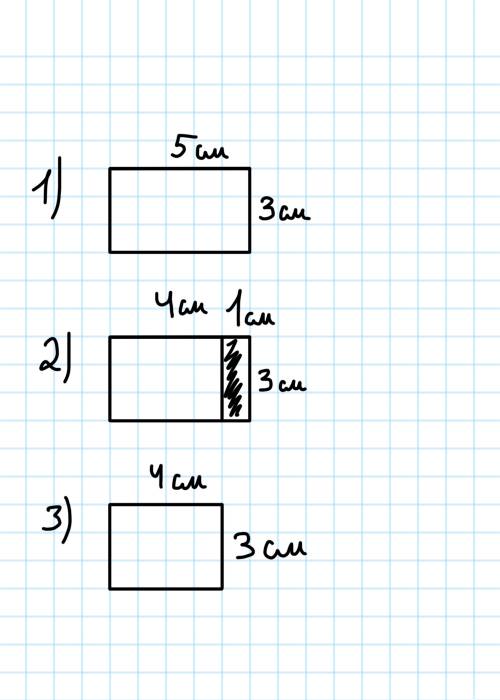 Сделай чертеж к и реши ее от прямоугольника длины сторон которого 5см и 3см отрезали полоску со стор