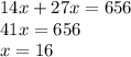 14x + 27x = 656 \\ 41x = 656 \\ x = 16