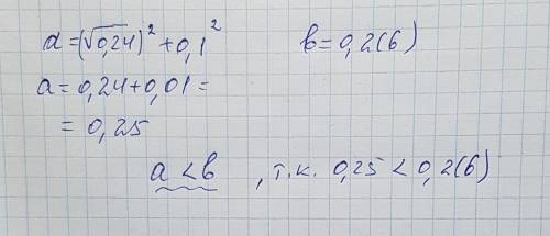 Сравните значения выражений а и б , если а = корень 0,24 в квадрате + 0,1 в квадрате б= 0,2(6)