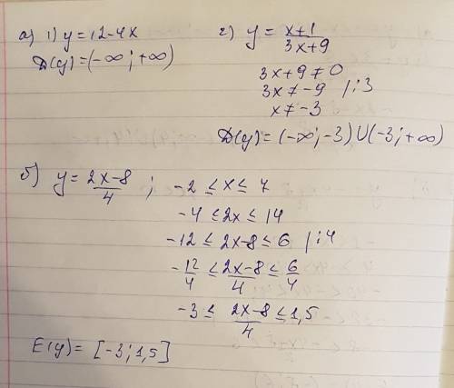Найдите: а) область определения функции, заданной формулой 1) у = 12-4x 2) у = x+1/ 3x+9 б) область