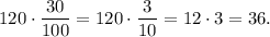 120 \cdot \dfrac{30}{100}=120 \cdot \dfrac{3}{10}=12 \cdot 3=36.