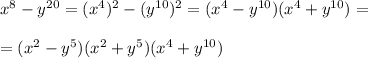 x^8-y^{20}=(x^4)^2-(y^{10})^2=(x^4-y^{10})(x^4+y^{10})=\\\\=(x^2-y^5)(x^2+y^5)(x^4+y^{10})