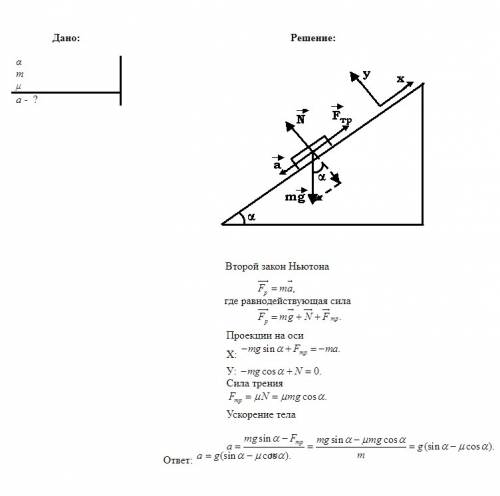По наклонной поскости альфа к горизонту тело.кофицыент трения м1.найти ускорение тела во время движе