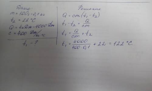 При охлаждении куска меди массой 100 г до 22 градусов цельсия выделилось 4 кдж теплоты. определить н