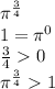 {\pi}^{ \frac{3}{4} } \\ 1 = {\pi}^{0} \\ \frac{3}{4} 0 \\ {\pi}^{ \frac{3}{4} } 1