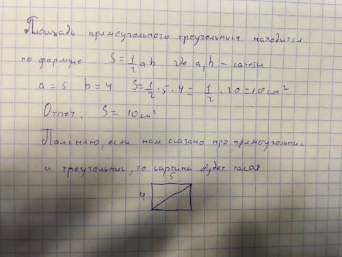 Найди площадь прямоугольного треугольника, если у прямоугольника длина сторон 5см и 4см