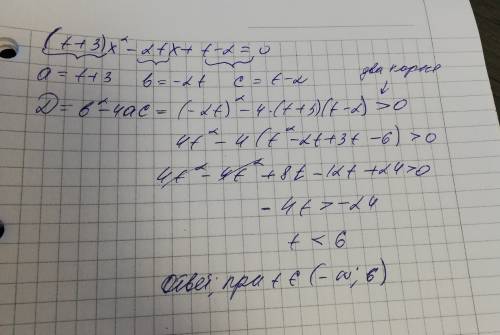 При каких значениях t уравнение (t+3)x²-2tx+t-2=0 имеет два корня