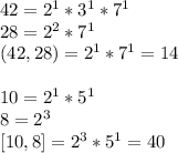 42=2^1*3^1*7^1\\28=2^2*7^1\\(42,28)=2^1*7^1=14\\\\10=2^1*5^1\\8=2^3\\{[10,8]}=2^3*5^1=40