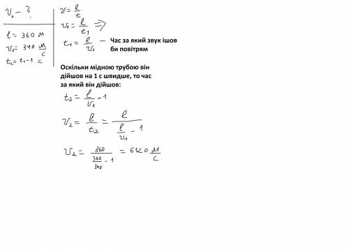Біля отвору мідної труби довжиною 360 м створено звук. іншого кінця труби звук по металу досяг на 1