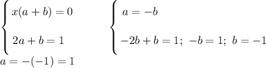 \left \{ {\bigg{x(a+b)=0} \atop \bigg{2a + b=1} \ \ } \right. \ \ \ \ \ \ \ \ \left \{ {\bigg{a=-b \ \\ \ \ \ \ \ \ \ \ \ \ \ \ \ \ \ \ \ \ \ \ \ \ \ \ \ \ \ \ } \atop \bigg{-2b + b = 1; \ -b = 1; \ b=-1}} \right. \\a = -(-1) = 1