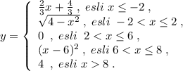 y=\left\{\begin{array}{l}\frac{2}{3}x+\frac{4}{3}\; ,\; esli\; x\leq -2\; ,\\\sqrt{4-x^2}\; ,\; esli\; -2