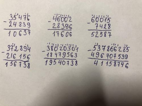 198. найдите разность: 1) 35 476 - 24 839; 2) 46 002 - 28 396; 3) 60 015 - 7 4284) 372 894 – 216 156