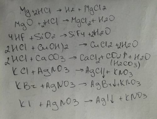 Допишите формулы: свойства: 1) с металлами mg + hcl = h2↑ + mgcl 2) с металлов mgo + hcl = hf + sio2