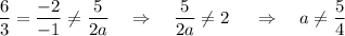 \dfrac{6}{3}=\dfrac{-2}{-1}\ne \dfrac{5}{2a}~~~\Rightarrow~~~\dfrac{5}{2a}\ne 2~~~~\Rightarrow~~~ a\ne\dfrac{5}{4}