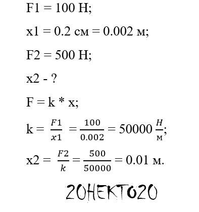 При нагрузке в 100 н пружина удлинилась на 0,2 см. насколько удлинится пружина при нагрузке в 500н?