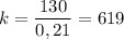 k = \dfrac{130}{0,21} = 619