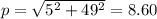 p = \sqrt{5 {}^{2} + 49 {}^{2} } = 8.60