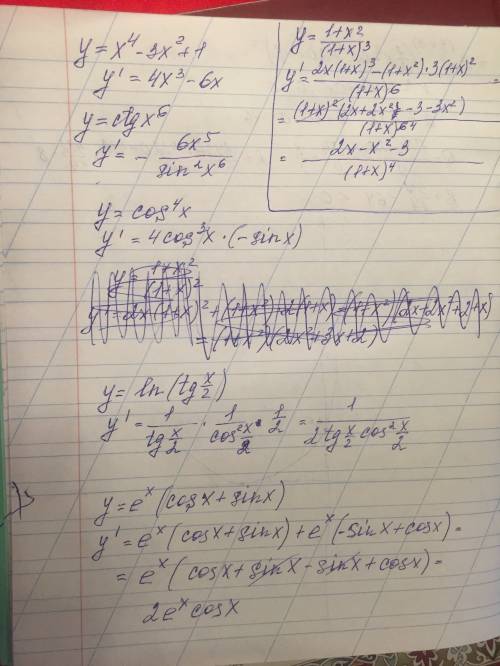 1найти производную функции y=x^4-3x^2+1 y=ctgx^6 y=cos^4x y=(1+x^2)/1+x)^3 y=ln(tgx/2) y=e^x(cosx+si