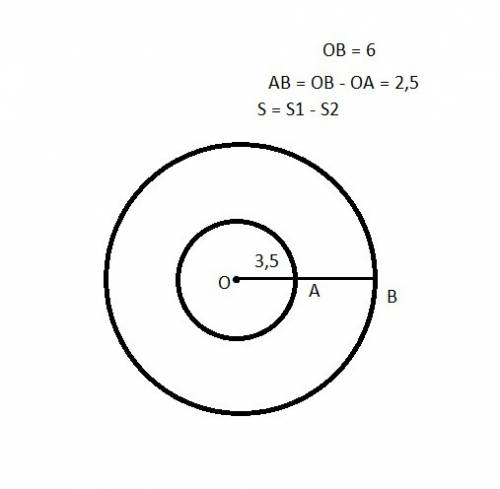 Начертить 2 окружности с общим центром и радиусами 3,5 и 6 см. на сколько длина одной окружности бол