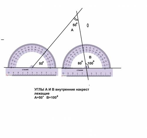 Начерти три прямые так, чтобы получилась пара равных внутренних накрест лежащих углов, величина кото