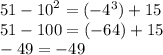 51 - {10}^{2} =( - {4}^{3} ) + 15 \\ 51 - 100 = ( - 64) + 15 \\ - 49 = - 49