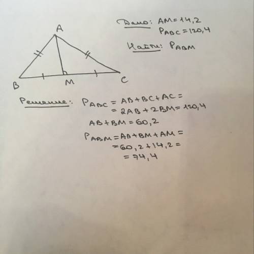 Вравнобедренном треугольнике abc с основанием bc проведена медиана am. найдите периметр треугольника