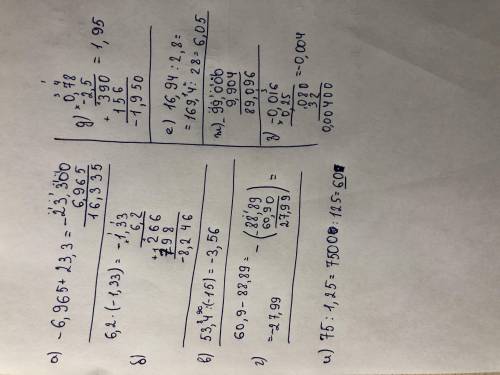 20 / решите примеры с подробным решениемa) –6,965 + 23,3; б) 6,2 ∙ (–1,33); в) 53,4 : (–15); г) 60,9