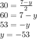 30 = \frac{7 - y}{2 } \\ 60 = 7 - y \\ 53 = - y \\ y = - 53