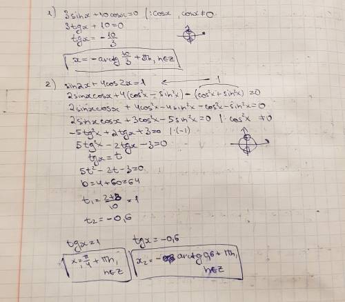 Решите уравнения: 1)3sinx+10cosx=0 2)sin2x+4cos2x=1 3)cos2x=3cos+1 4)cos3x-cos5x=sin4x