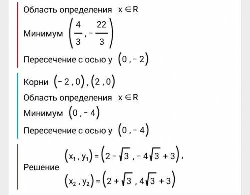 Вычислить координаты точек пересечения парабол y=3x^2 -8x-2 и y=x^2-4 и определить в каких четвертях