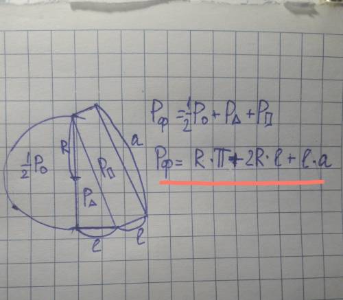 Построить фигуру,состоящую из части окружности,треугольника и прямоугольника и вычислить её периметр