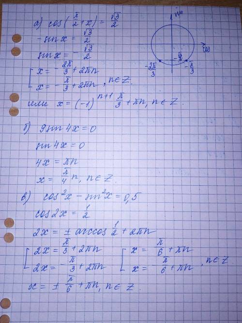 Решите уравнения а) cos(п/2+x) = √3/2 б) 9sin4x=0 в) cos(квадрат)x-sin(квадрат)x=0,5 г) 2sinxcosx=0,