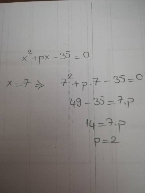Один из корней уравнения х^2+px-35=0 равен 7. найдите другой корень и коэффицент p