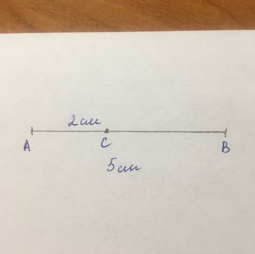 Начертите отрезок ab=5см.отметьте на нём точку c так, чтобы длина отрезка ac равнялась 2см