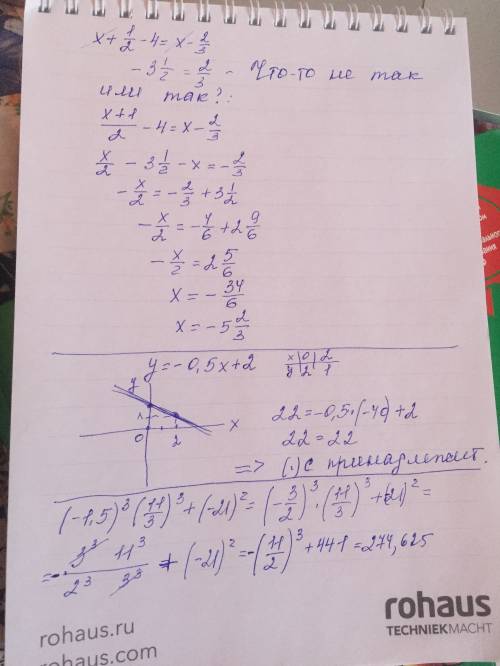 Решите уравнение: x+1/2-4=x-2/3 постройте график функций y=-0.5x+2 принадлежит ли этому графику точк