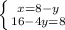 \left \{ {{x=8-y} \atop {16-4y=8}} \right.