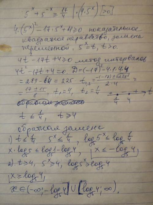 Решите неравенство: 5^x+5^-x> =17/4