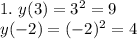 1. \ y(3) = 3^{2} = 9\\y(-2) = (-2)^{2} = 4