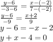 \frac{y-6}{-3-6}=\frac{x-(-2)}{7-(-2)}\\\frac{y-6}{-9}=\frac{x+2}{9}\\y-6=-x-2\\y+x-4=0