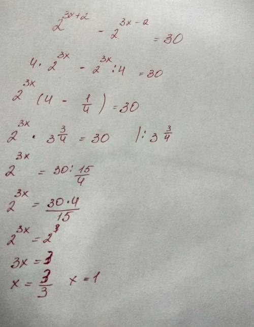 Объясните почему в примере 2^(3x+2)-2^(3x-2)=30 при получится (2^4-1)*2^(3x-2)=30. куда девается х?