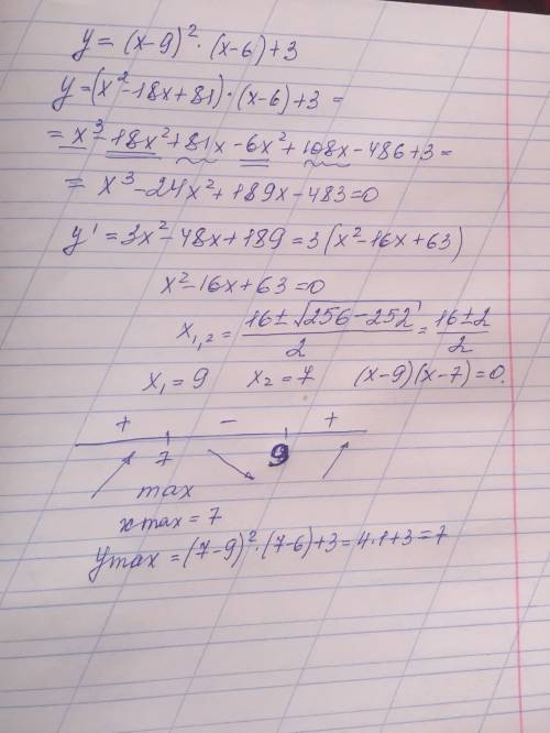 Найдите точку максимума функции y = (x-9)^2 * (x-6) + 3