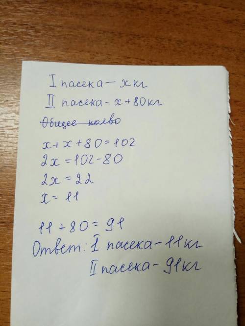 На двух пасеках 102 улья каждый из которых вмещает 40 кг мёда сколько кг собрали с каждой пасеки есл