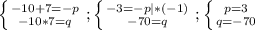 \left \{ {{-10+7=-p} \atop {-10 * 7=q}} \right. ; \left \{ {{-3=-p |*(-1)} \atop {-70=q}} \right. ;\left \{ {{p=3} \atop {q=-70}} \right.