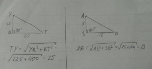 поскорее 1. треугольник дано rty треугольник r←90° rt=20 ry=15 нужно найти ty по теореме пифагора 2.